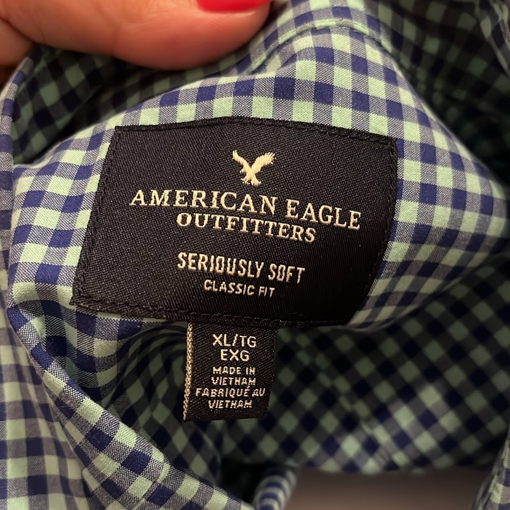 American Eagle Blue Gingham Check Button Down Col… - image 5